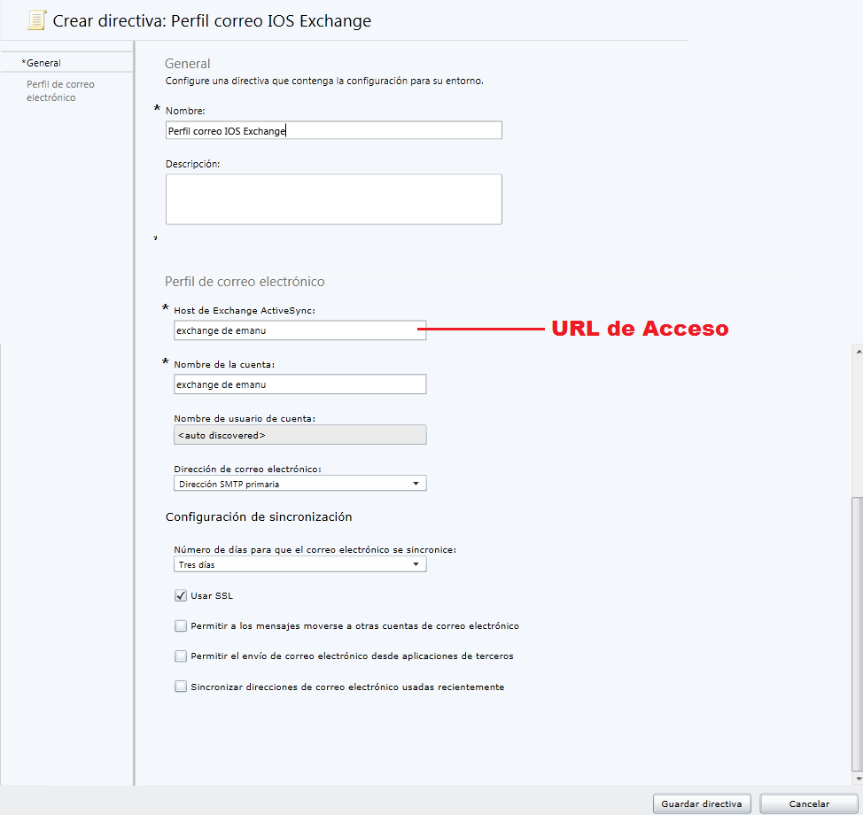Política de configuración de perfil de correo para IOS