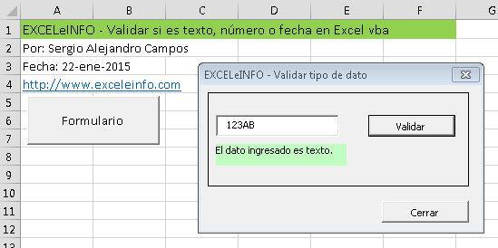 Validar si es texto, número o fecha en Excel vba