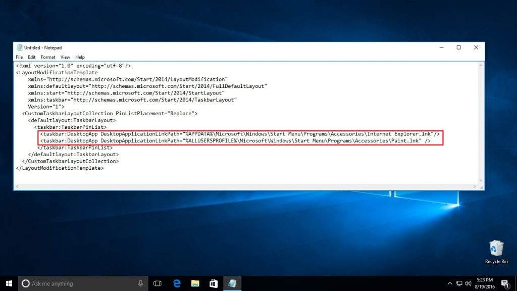 Implementar StartLayout y Taskbar personalizados en Windows 10 mediante