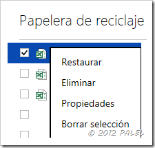 Papelera de reciclaje en SkyDrive - Submenú