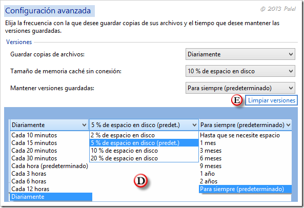 Historial de archivos - Configuración avanzada